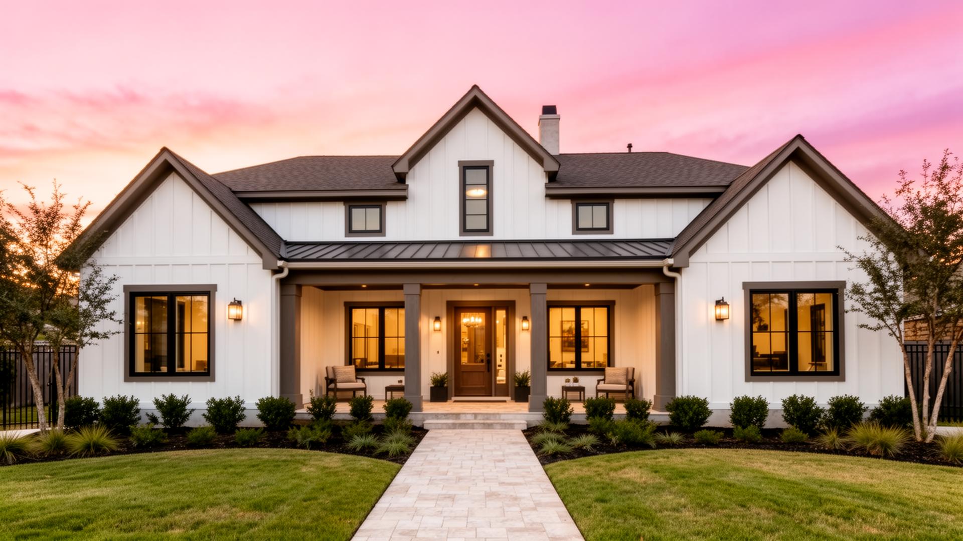 Modern farmhouse home at golden hour
